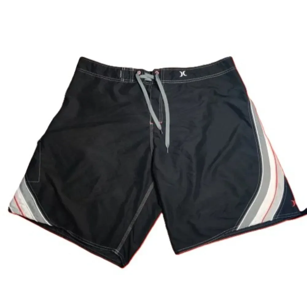 Hurley Mens Board Shorts Black Gray Red Stripe Swim Trunks Size 40 Surf Swimwear